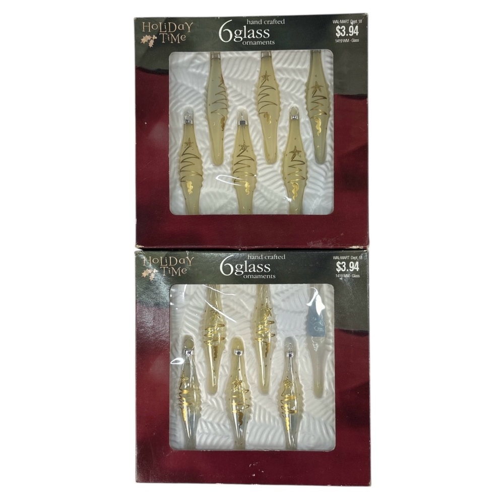 11 Vtg Holiday Time Christmas Torpedo Glass Ornaments Clear & Frosted Gold